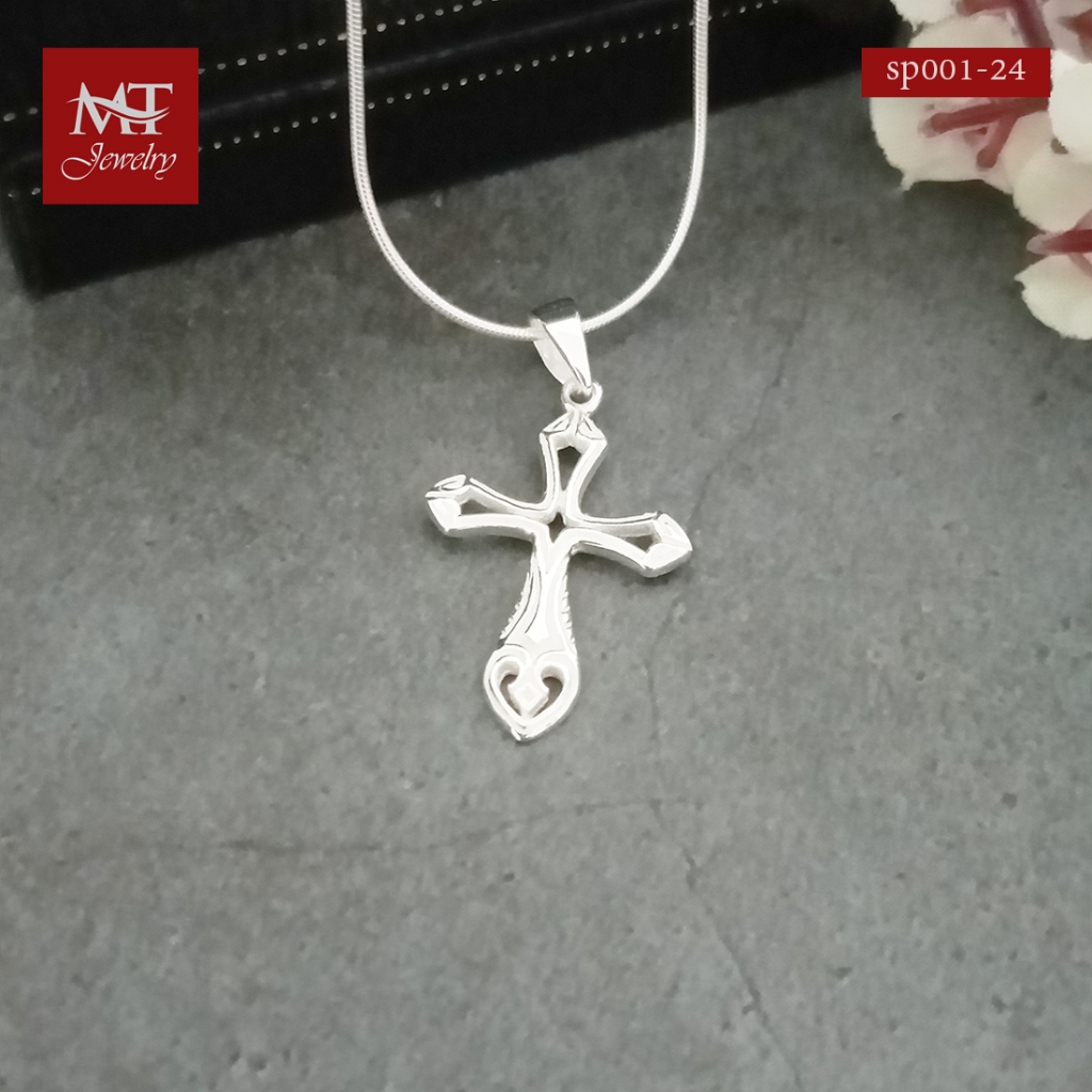 MT จี้เงินแท้ ไม้กางเขน มีลวดลาย (ไม่รวมสร้อย) Silver Cross Pendant (sp001-24) MT Jewelry มณีธารา