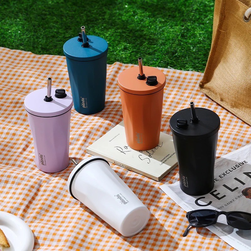 แก้ว PANDA 600 ml. แก้วเก็บความเย็น แก้วกาแฟร้อน / เย็น พร้อมหลอด สเตนเลส304