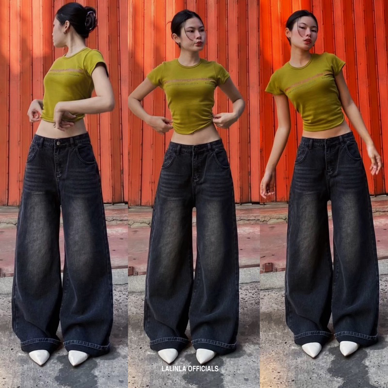 BAGGY JEANS  กระบอกใหญ่กระบอกใหญ่สีดำฟอกเฟด