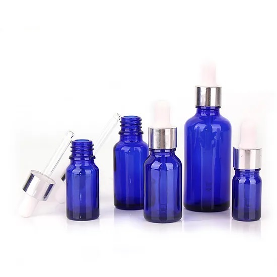 [Coss Pkg.] ขวดแก้วดรอปเปอร์ (รหัสYB18-BL)บรรจุภัณฑ์สกินแคร์ขวดแก้วสีน้ำเงินขนาดบรรจุ 5ml 10ml 15ml 20ml 30ml 50ml 100ml