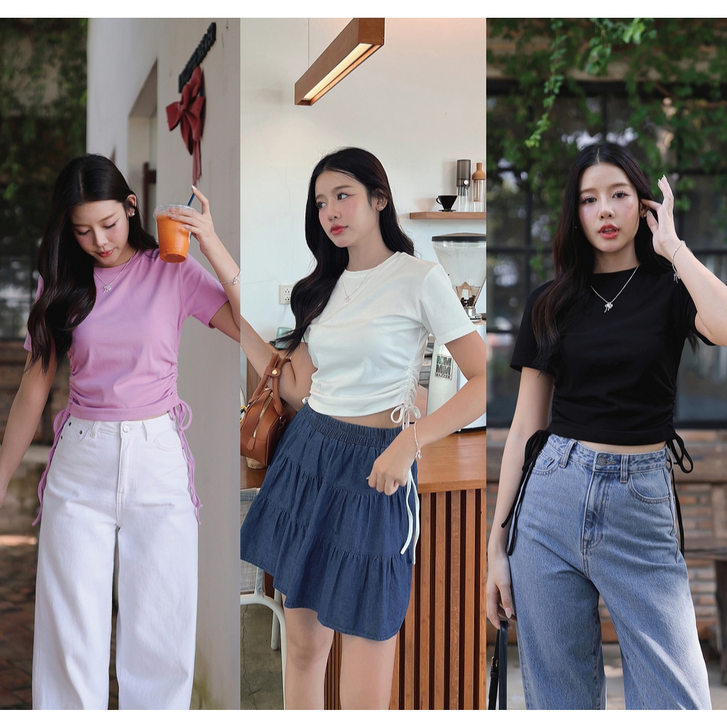 T0122920 เสื้อยืดแขนสั้นเอวรูดข้าง - มี 3 สี : สีดำ , สีชาว , สีม่วงอมชมพู - NUMBERSEVEN