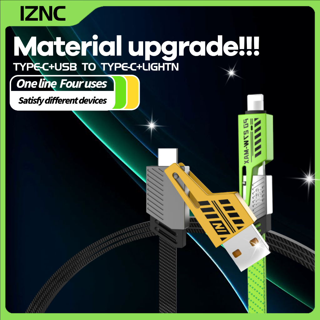 iZNC สายชาร์จ 4in1 FastCharging สายชาร์จเร็วหัวโลหะ，ชาร์จไว PD 65W typec Lightn USB usbcสายชาต
