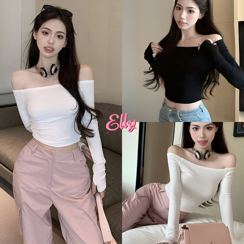 Elly พร้อมส่ง เสื้อครอปหญิง เสื้อรัดรูปแขนยาว สีขาวเสื้อเปิดไหล่ เซ็กซี่ สไตล์ยุโรปและอเมริกา ทรงเข้ารูป