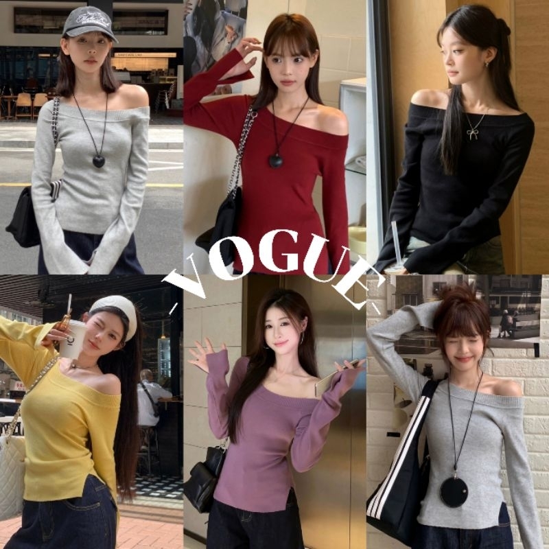 Vogue พร้อมส่ง เสื้อไหมพรมแขนยาว เปิดไหล่ ผ้าร่องยืดตามตัว ใส่ง่าย (Z-Y76)