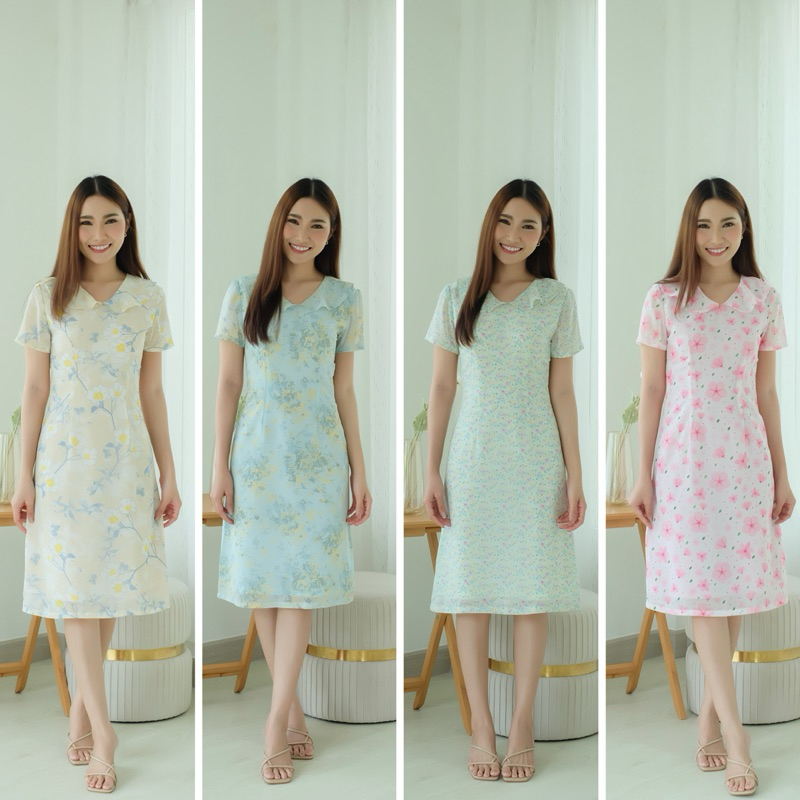 ✨🌼เดรสคอวีทรงเอ ปกระบายพริ้วชีฟองลายดอก📌ไซส์รูป2-3 (ไม่มีปรับไซส์นะคะ)