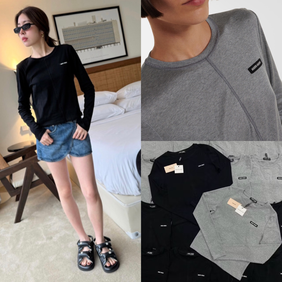 Miu long sleeve shirt เสื้อแขนยาวทรงเบสิค ดีเทลตะเข็บกลางตามช็อปเก๋ๆ งานปักtag โลโก้ตามแบรนด์ดัง เนื้อผ้าคอตตอนหนานุ่ม