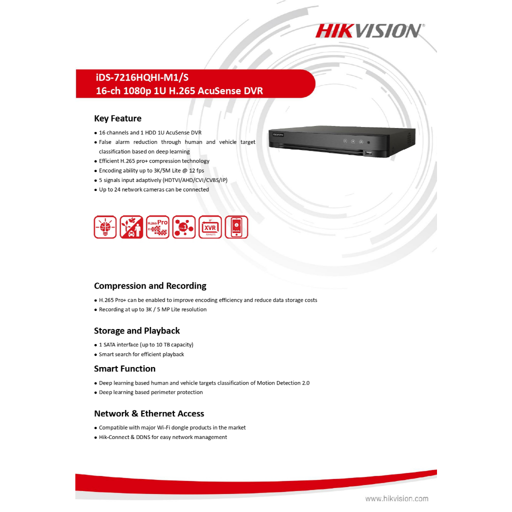 HIKVISION iDS-7216HQHI-M1/S & iDS-7216HQHI-M1/XT 16 ช่อง และ 1 HDD 1U AcuSense DVR รองรับ 5ระบบ (รับประกันสินค้า 3 ปี)