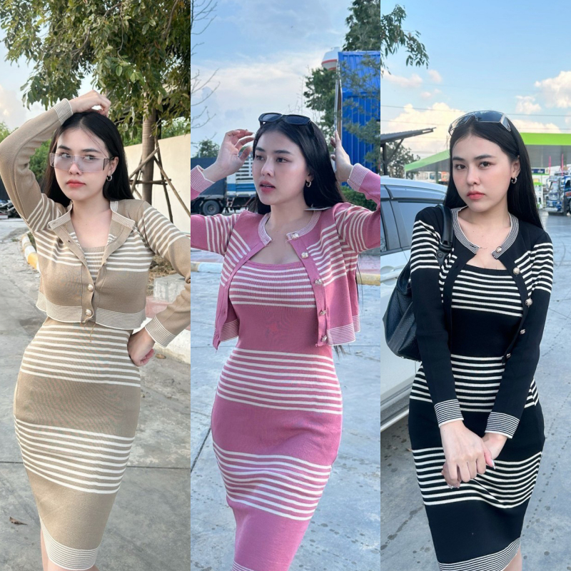 ชุดเซ็ต2ชิ้น เดรสสายเดี่ยว+เสื้อคลุมแขนยาว ผ้าไหมพรม ผ้ายืดเยอะมาก ส่อองานได้ รุ่น แถมสูตร
