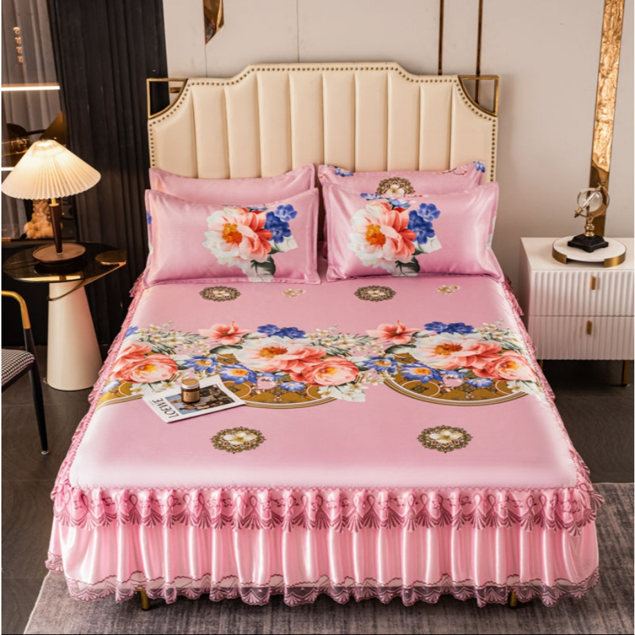 ​ ผ้าปูที่นอนไหมเย็น*รวม* ผ้าคลุมเตียงขนาด3.5ฟุต/5ฟุต/6 ฟุต ผ้ารองที่นอนกันเปื้อน พร้อมปลอกหมอน 2 ชิ