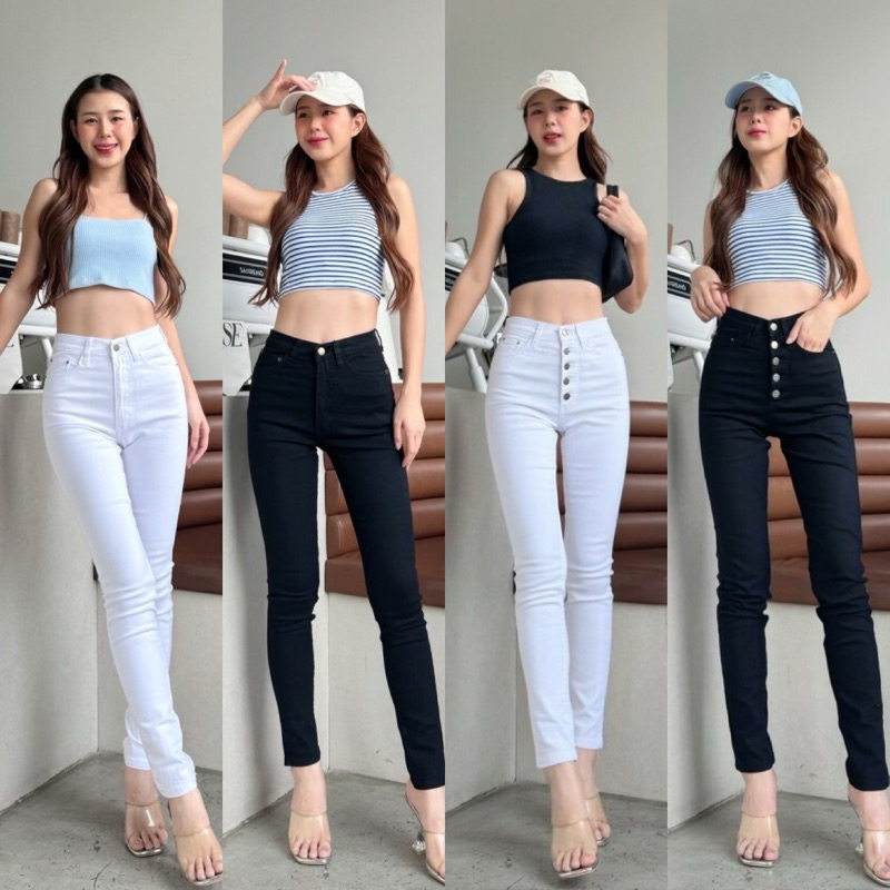 (🚚ส่งด่วน) YAM jeans | S-3XL✨ กางเกงยีนส์เดฟสกินนี่ผ้ายืดรุ่นเรียบสีขาว/ดำ #ym9019 #ym9036 Dewyjeans