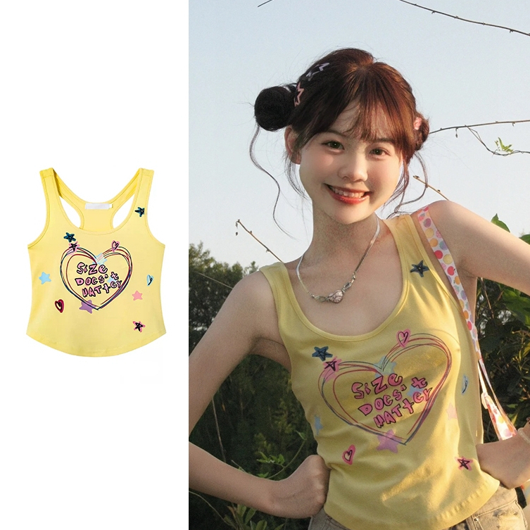Sally MTX8860# เสื้อ สายเดี่ยว สกีนลาย สไตล์ฤดูร้อน สีเหลืองพาสเทล