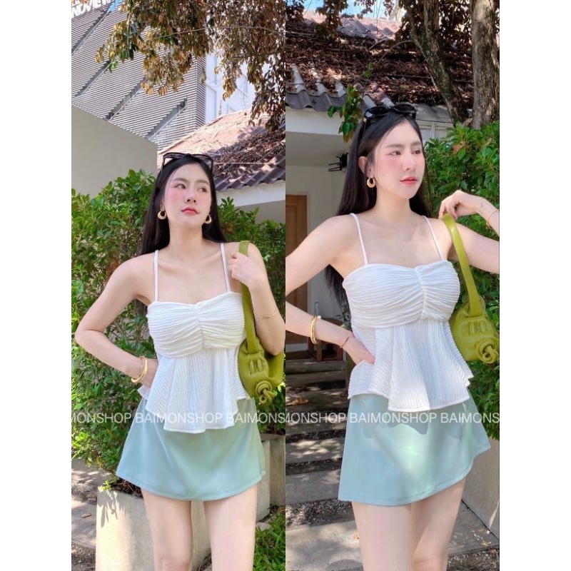 MahahengCloset สายเดี่ยวผ้าท๊อฟฟี่ ดีเทลจับจีบช่วงหน้าอกเซ็กซี่มากๆ สวยใส่สบาย แฟชั่นเกาหลีสุดๆ
