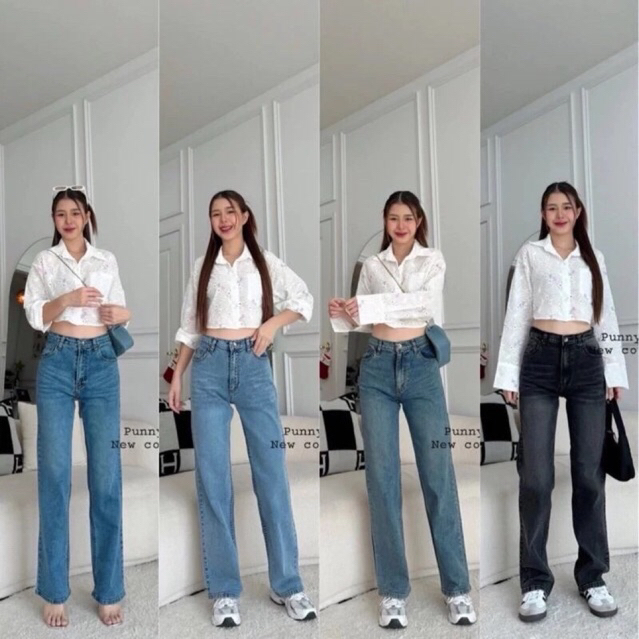XANNSHOP 💓 Punny Jeans⚡️⚡️ กางเกงยีนส์ผู้หญิง ทรงกระบอก ผ้ายืด เอวสูง