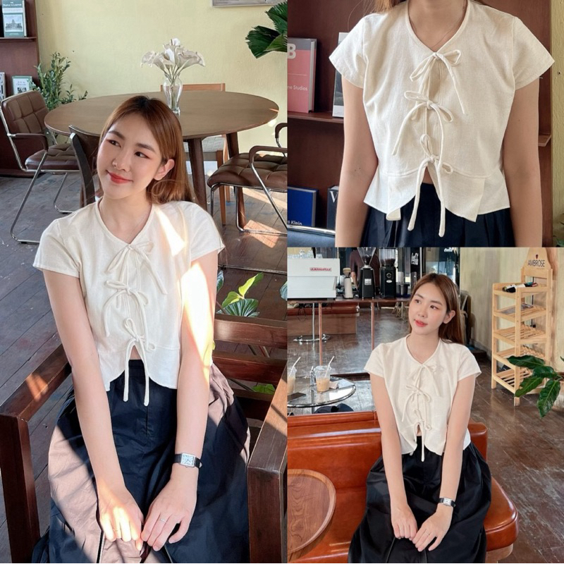 เสื้อมัดโบว์คอกลมสไตล์เกาหลี