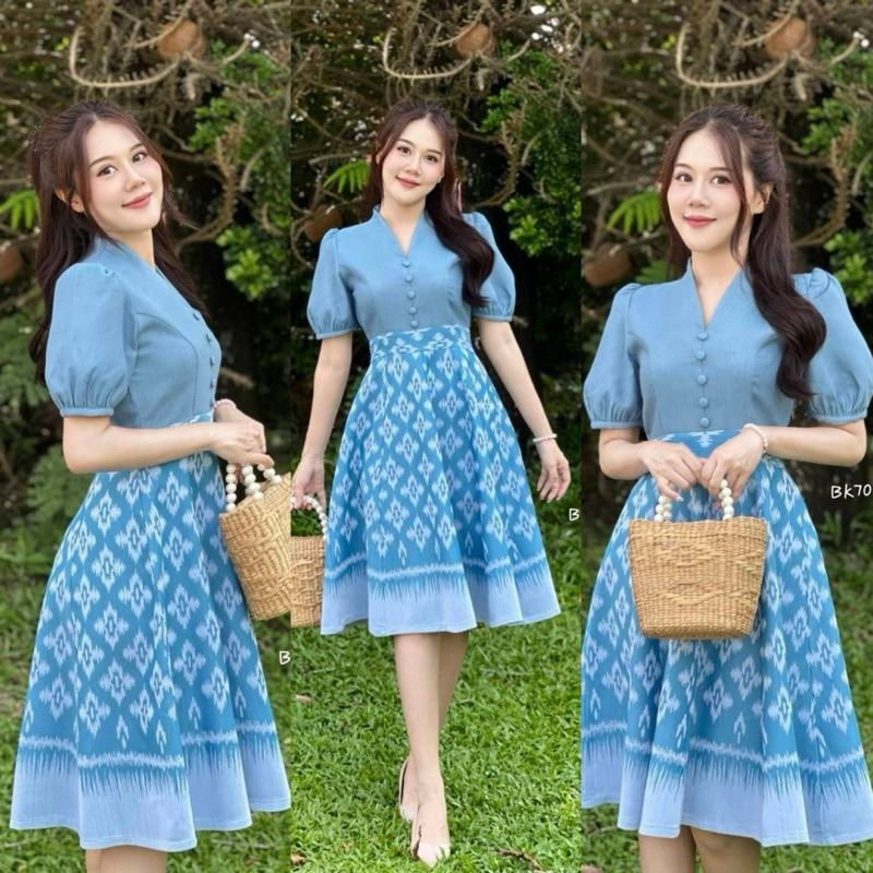 [ทักเช็คไซส์ก่อนสั่ง] ชุดเดรสผ้าไทย งานผ้าทอลาย คอปีน ทรงย้วย