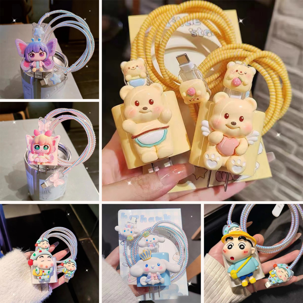สินค้าพร้อมส่ง ชุดถนอมหัวชาร์จเคสหัวชาร์จและที่กันสายหัก18W/20W ติดตัวการ์ตูนสำหรับiPhoneมีหลากหลายลายให้เลือก