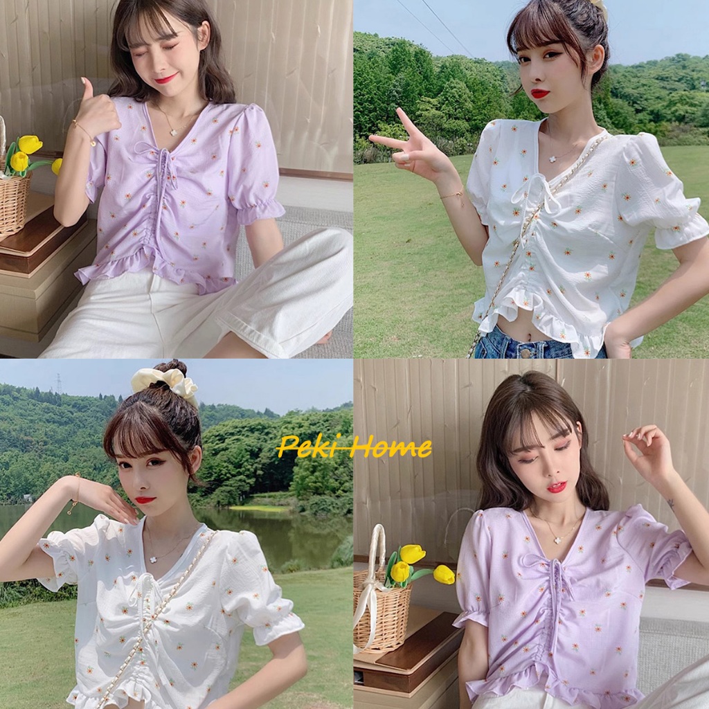 พร้อมส่ง เสื้อเชิ้ตสั้นผู้หญิงดอกไม้ สดใส