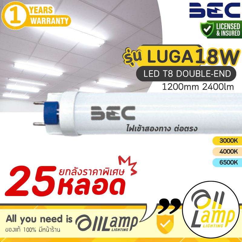 (แพ็ค25หลอด) BEC หลอดไฟ LED T8 LOUIS และ Luga 18W ขนาด 1200mm. ขั้ว G13 สว่างมาก