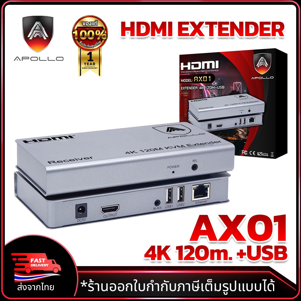 APOLLO AX01 HDMI Extender 4K ระยะส่ง 120M +USB กล่องแปลง HDMI เป็นสายLAN CAT5E / CAT6 / CAT7