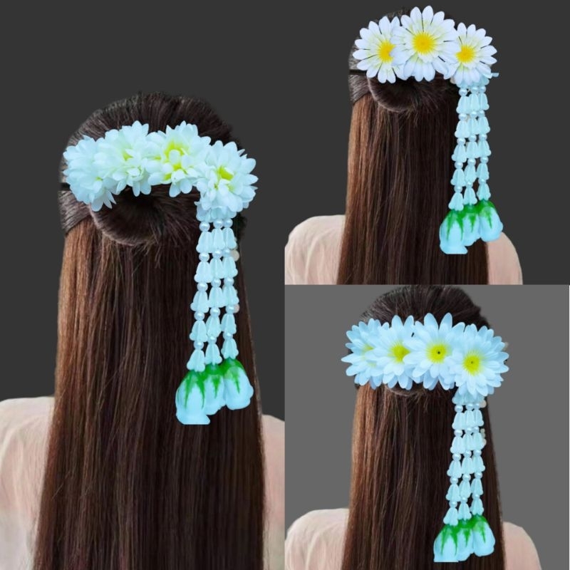 หวีสับดอกไม้แฟชั่นห้อยอุบะสีขาว ของจริงงานสวยมาก งานไทย พร้อมส่งจากไทย