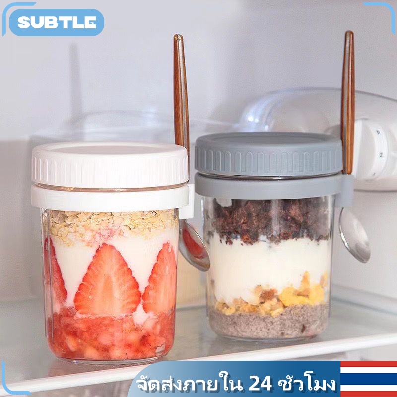 แก้วอาหารเช้า แก้วน้ำแบบพกพา 350ml แก้วปิดผนึกแบบพกพา ถ้วยข้าวโอ๊ต ส่งจากไทย ถ้วยแก้วมีฝา พร้อมช้อน หรับใส่สลัดผลไม้นมถ้