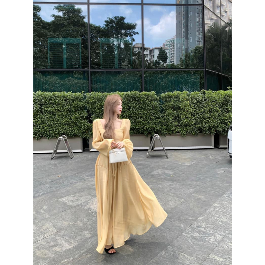 Mogwany พร้อมส่ง M,L //พรี S Bella Butter Dress เดรสยาวสีเหลือง ผ้าพริ้วสวยมาก ใส่เที่ยว,ใส่ออกงาน สวยมากๆค่า