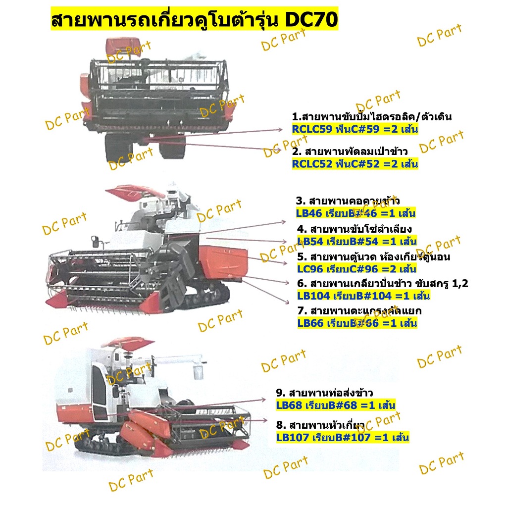สายพานสำหรับรถเกี่ยวข้าวคูโบต้ารุ่น DC70 ยี่ห้อมิตซูโบชิ เกรดธรรมดา ทางเลือกสายพานราคาย่อมเยา