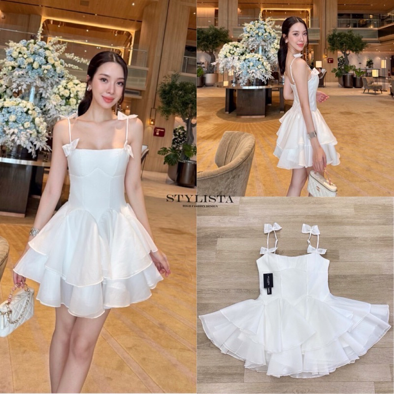 M10 งานป้าย Stylista Dress ชุดเดรสสั้นสายเดี่ยวแต่งโบว์ สำหรับผู้หญิง เสื้อผ้าแฟชั่นผู้หญิง ไซส์ Xs-L