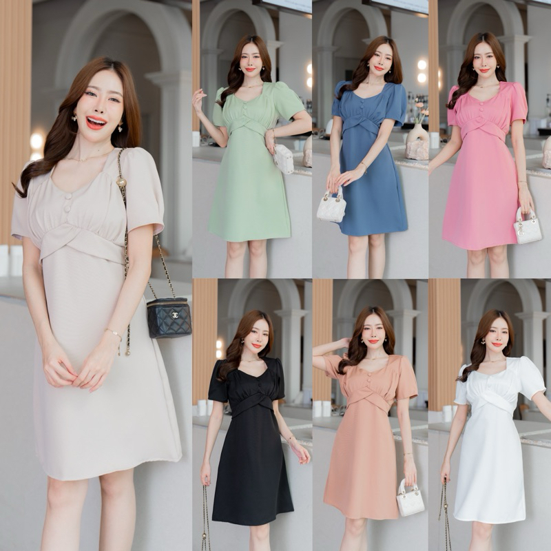 ANGEL DRESS เดรสเเขนสั้นคอหัวใจ ระบายอก เเต่งกระดุมปั๊ม 2เม็ด เนื้อผ้าบาร์บี้ Lady Clothing