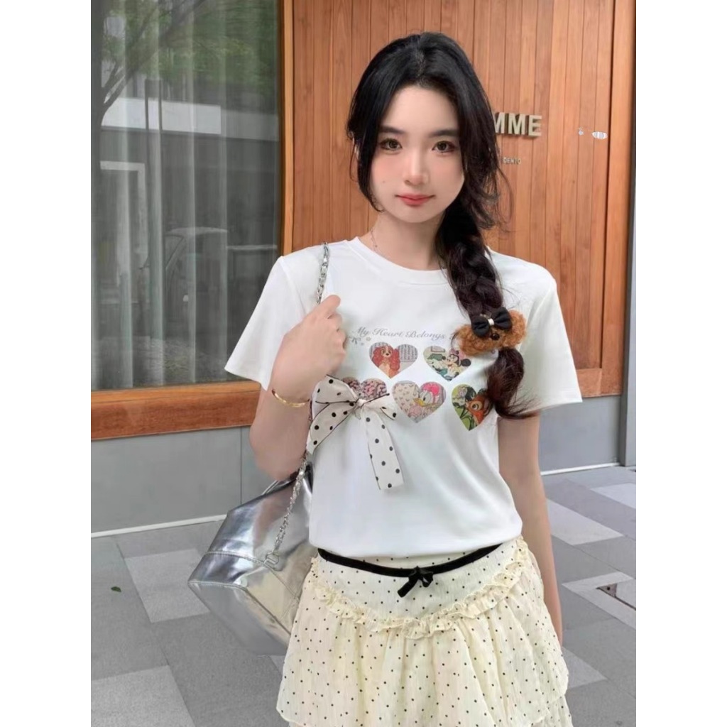 เสื้อยืดพอดีตัวลายCharacter Disneyหัวใจ ดีเทลติดโบว์ผ้าแก้ว ผ้านุ่มนิ่มใส่สบาย ใส่แล้วน่ารักสดใสส