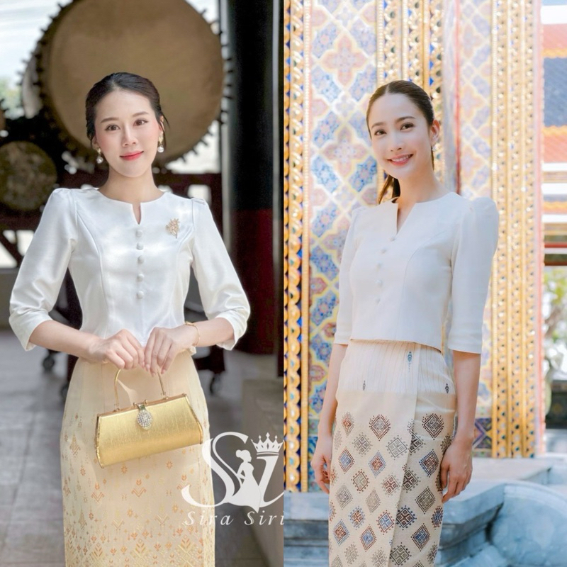Sira Siri ชุดไทยเสื้อผ้าใหม่อิตาลี คอวี (รุ่นคุณแต้ว)ทรงครอป แต่งกระดุมน่ารักๆ แมตช์ผ้าถุงสำเร็จรูปทอลาย อัดกาวอย่างดี
