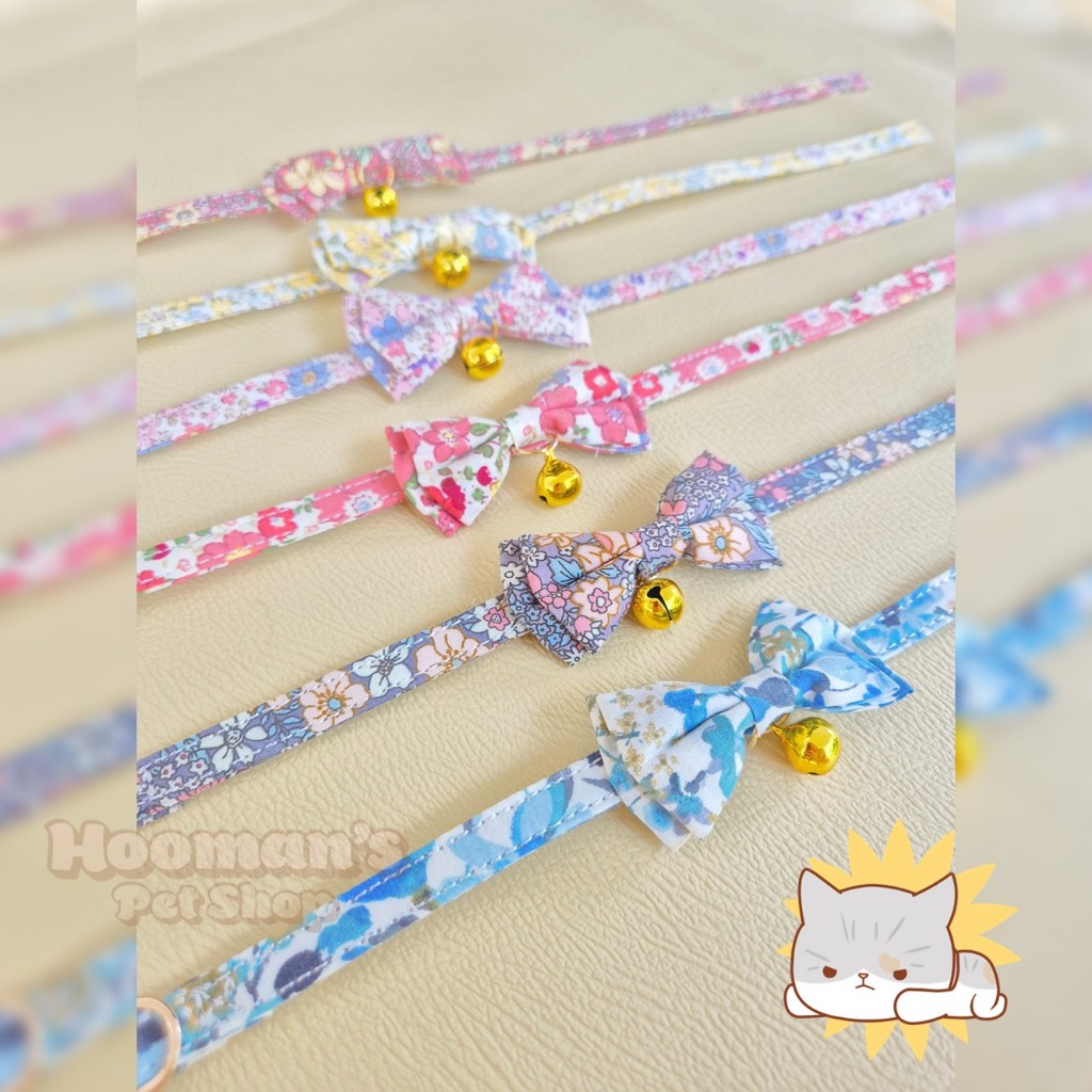 สร้อยคอแมวพิมลายดอกไม้ มีโบว์ใหญ่สมฐานะลูกคุณ พร้อมกระดิ่งสีทอง