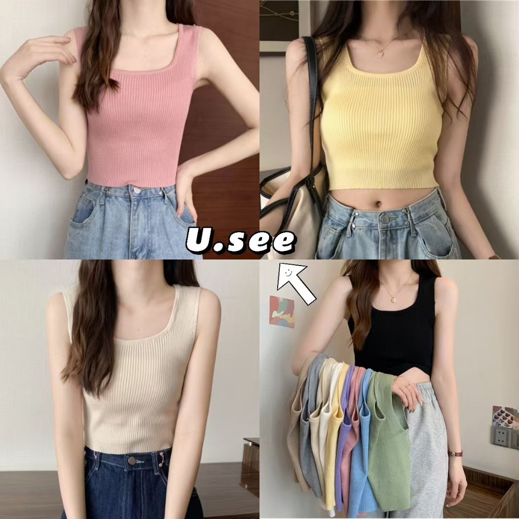 เสื้อกล้าม เสื้อครอปไหมพรม คอสี่เหลียม โทนสีสวย ยืดตามตัวได้#2234