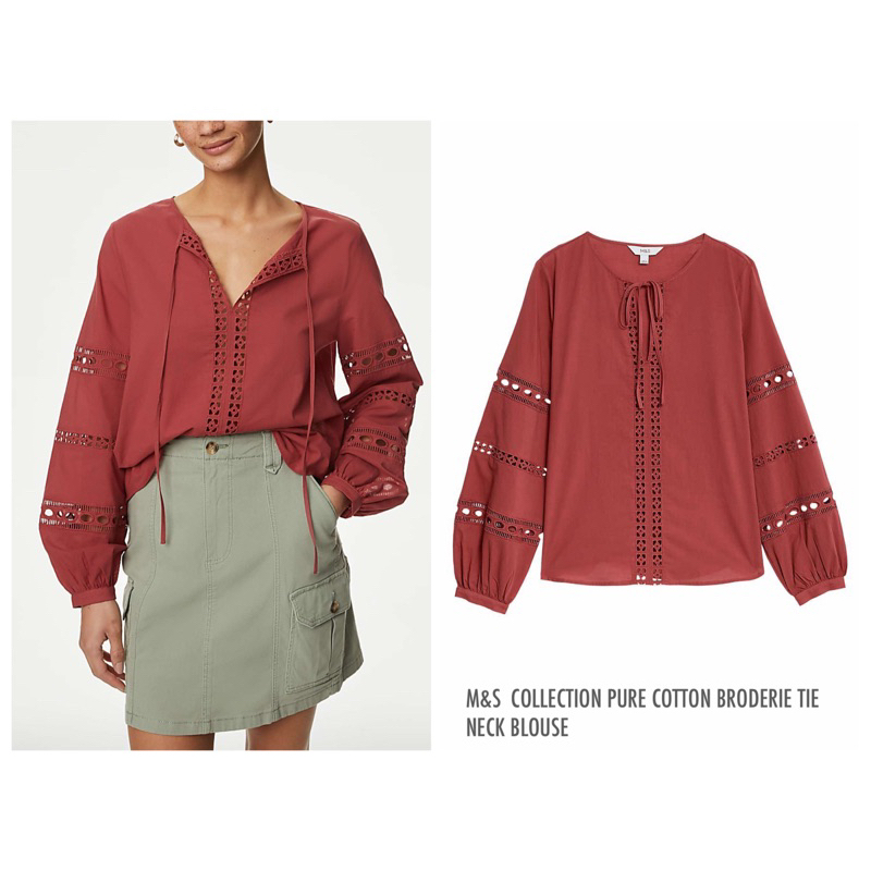 M&S เสื้อเบลาส์ คอกลม COLLECTION PURE COTTON BRODERIE TIE NECK BLOUSE