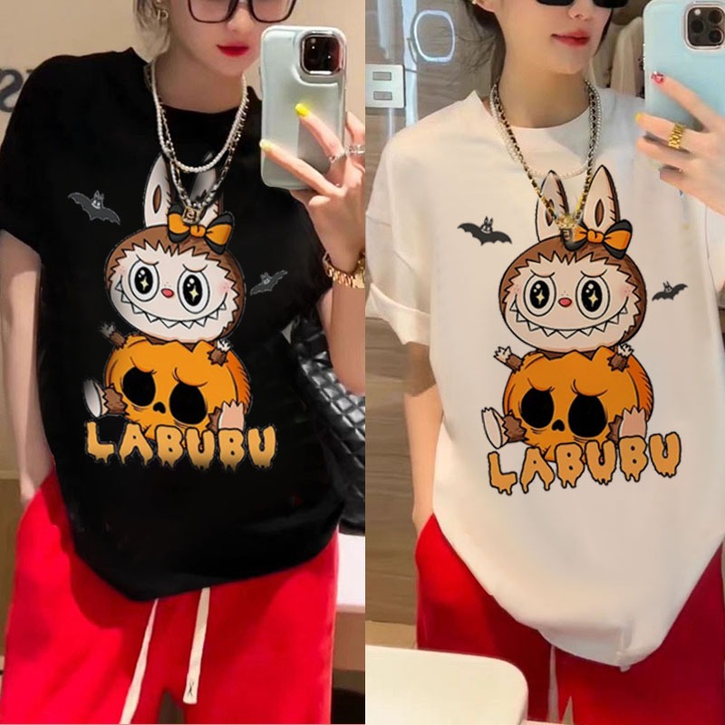 Basi เสื้อยืด oversize สกรีนด้านหน้า ลาย LABUBU Halloween Pumpkin ผ้าคอตตอน100% เนื้อผ้าเกรดพรีเมียม คอกลม ใส่สบาย