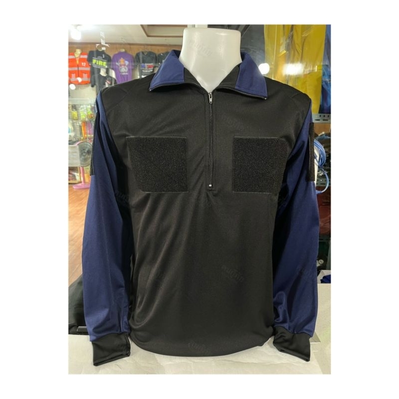 เสื้อกู้ภัย เสื้อใส่ฝึก (รุ่นไหล่ตรง)​ (ตัวดำแขนกรม)​ คอซิปปก ตีนตุ๊กแก​4จุด