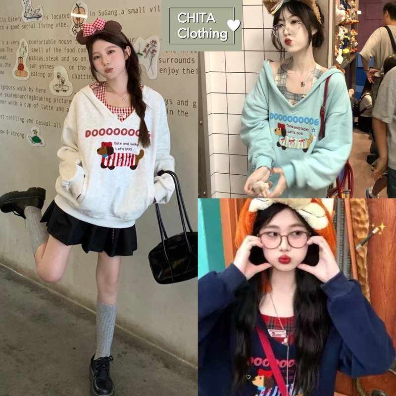 6205# Set 2 pcs เสื้อฮูดแขนยาว มีกระเป๋าล่วงข้าง + เสื้อคล้องคอ หลังสมอค เนื้อผ้าดี ทรงสวย TAG: SIMIDA