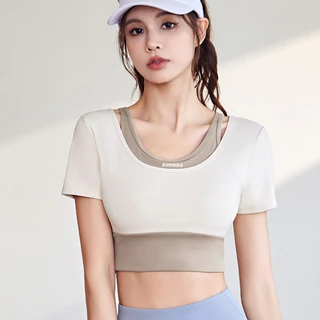 mvp sport เสื้อออกกำลังกายผู้หญิง เสื้อผ้าโยคะ เสื้อบราแขนสั้น สีทูโทน แผ่นรองหน้าอกฟองน้ำคงที่ [กทม. พร้อมส่ง]