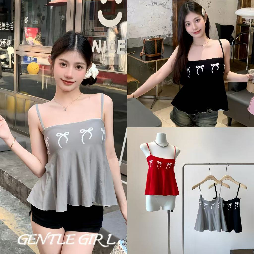#GG จัดส่งที่รวดเร็ว เสื้อกล้ามคอเหลี่ยมผูกโบว์แขนกุดสำหรับผู้หญิง สายเอี๊ยมสีดำอเนกประสงค์สไตล์เกาหลี