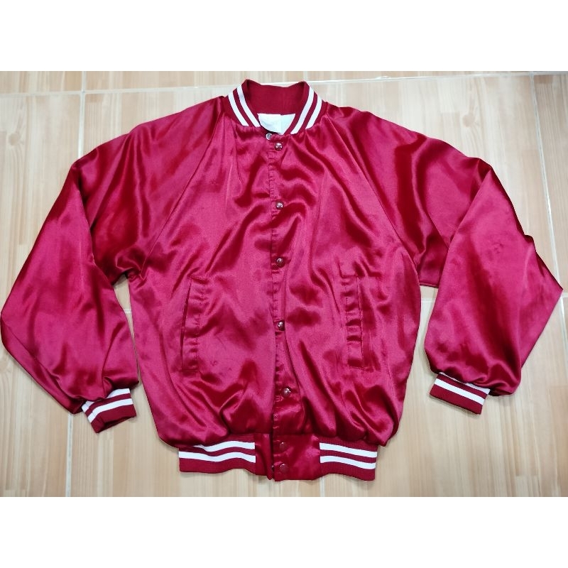 80's Jacket Auburn Vintage Red มือสอง แดงแถบขาว