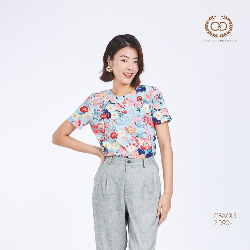 C&D เสื้อผู้หญิง Japanese Poppy คอกลม แขนสั้น สีเขียวอมฟ้า CBAQLR