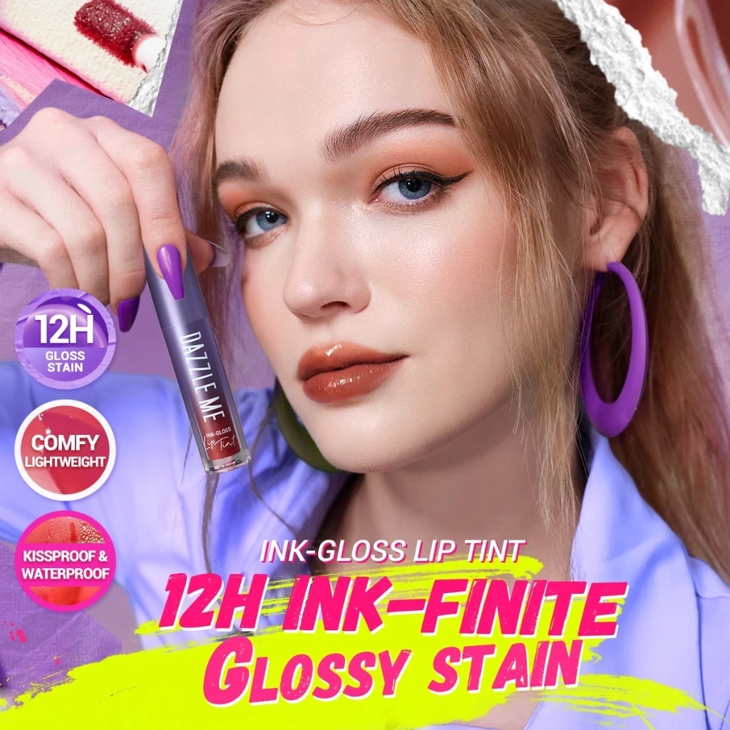 DAZZLE ME Ink-Gloss Lip Tint ลิปกลอสทินท์ (แท่งม่วง) ปากฉ่ำวาว ติดทน จูบไม่หลุด กันน้ำ บางเบา ไม่หนักริมฝีปาก