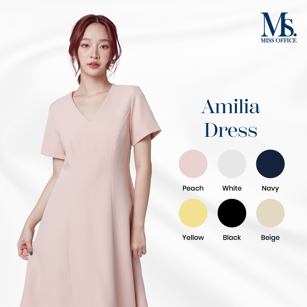 [ส่งฟรี] Miss office เดรสมีแขนคอวีกระโปรงทรงเอ กระเป๋า2ข้าง (MD-092)