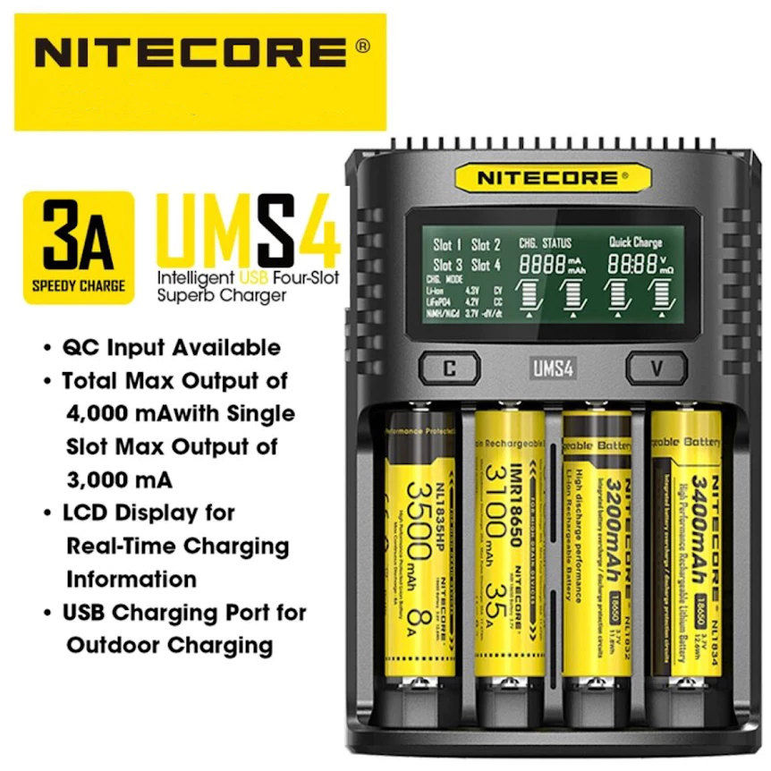NITECORE UMS4 USB สี่ช่อง QC C4 VC4 LCD Smart Charger IMR INR ICR Li-ion AA 18650 14500 16340 26650 ชาร์จ 3.7 1.2V 1.5V