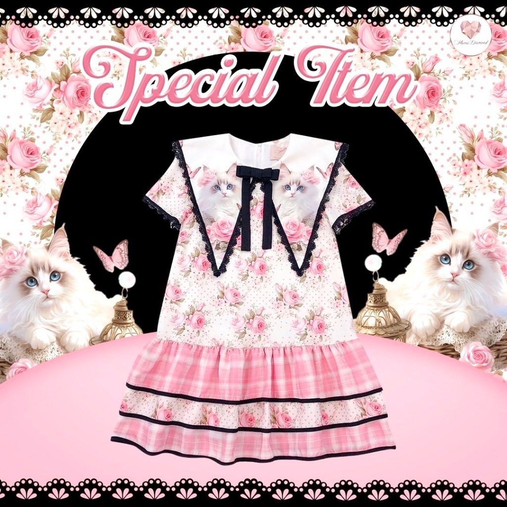 (Special มี 2XL) So much Love Dress เดรสสสั้นพิมพ์ลาย ปกแหลมแต่งขอบลูกไม้สีดำ ปลายกระโปรงแต่งเลเยอร์ มีซับใน ซิปหลัง