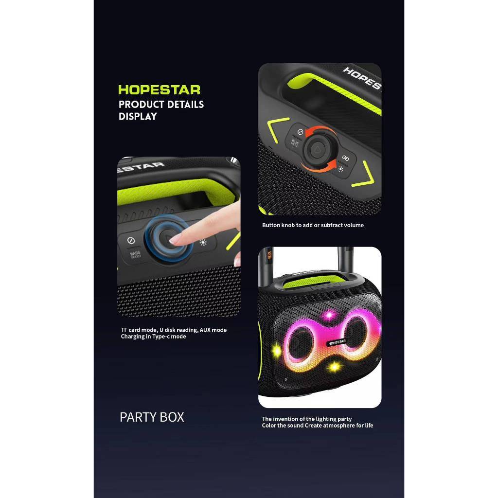 ลำโพงบลูทูธHopestar Party box ลำโพง 120W พร้อมไมล์หลายสาย2ตัว เอฟเฟคเสียงเปลี่ยนได้3ระดับ ของแท้100%