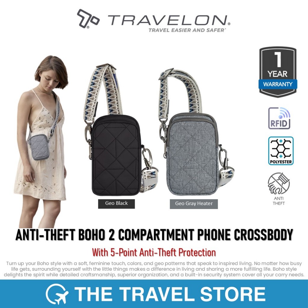 Travelon ANTI-THEFT BOHO 2 COMPARTMENT PHONE CROSSBODY (43621-XXX) กระเป๋าใส่โทรศัพท์มือถือ