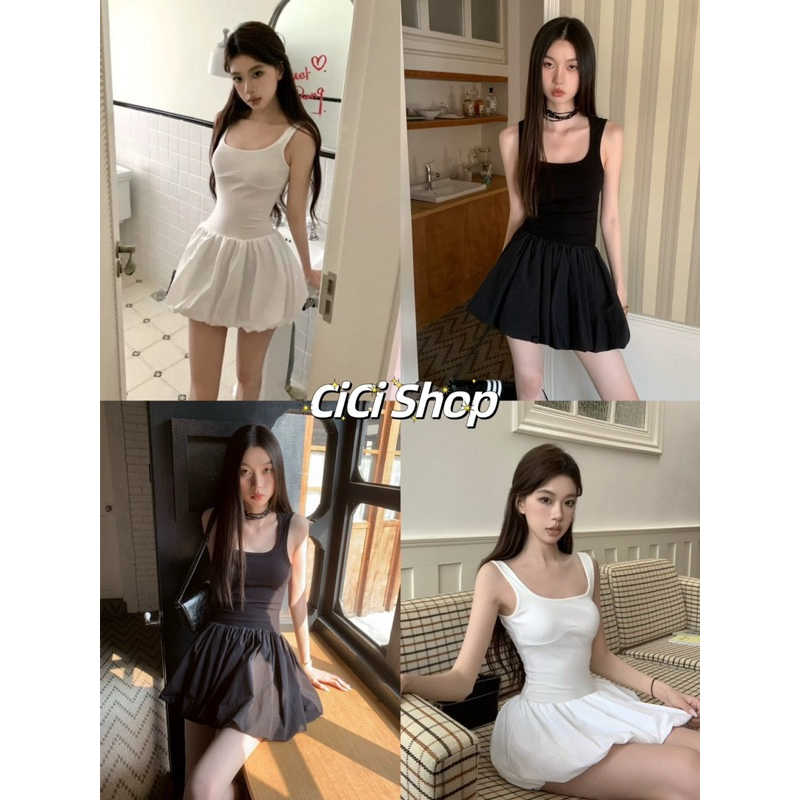 Cicishop(3332)มินิเดรสเดรสสายเดี่ยว detail แต่งกระโปรงบอลลูนด้านล่างมีซับด้านในสไตล์เกาหลียอดฮิต