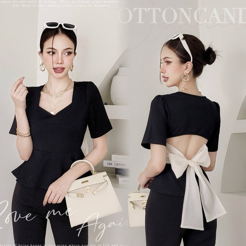 #COTTON CANDY เสื้อสีดำเข้ารูปผูกโบว์หลัง New Gress.nano top