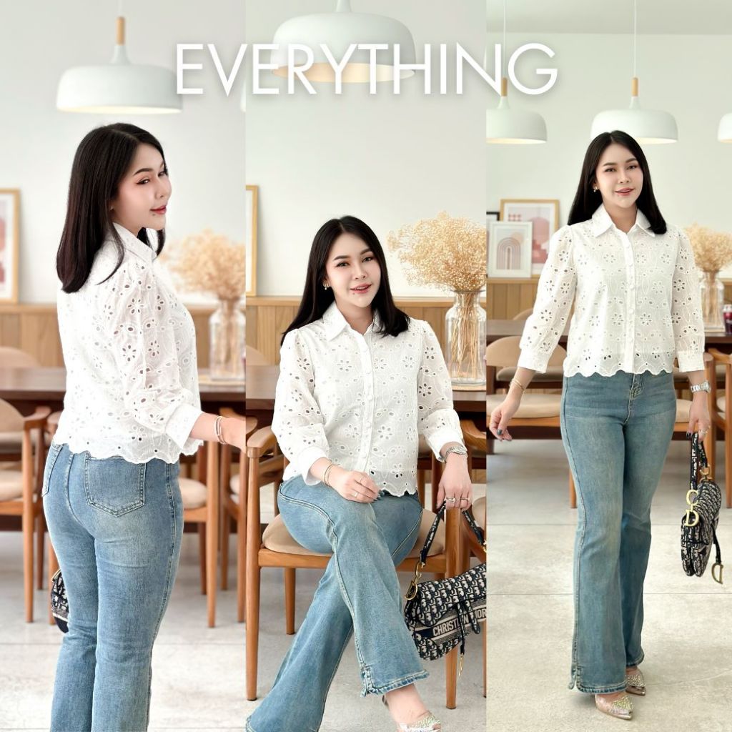 Everything2019 เสื้อผู้หญิงคอปก แขนยาว ลูกไม้ฉลุ มีซับใน ใส่งานบุญสวยมาก มีไซซ์ XS-3XL หน้าผ้า 36-48 (2129)